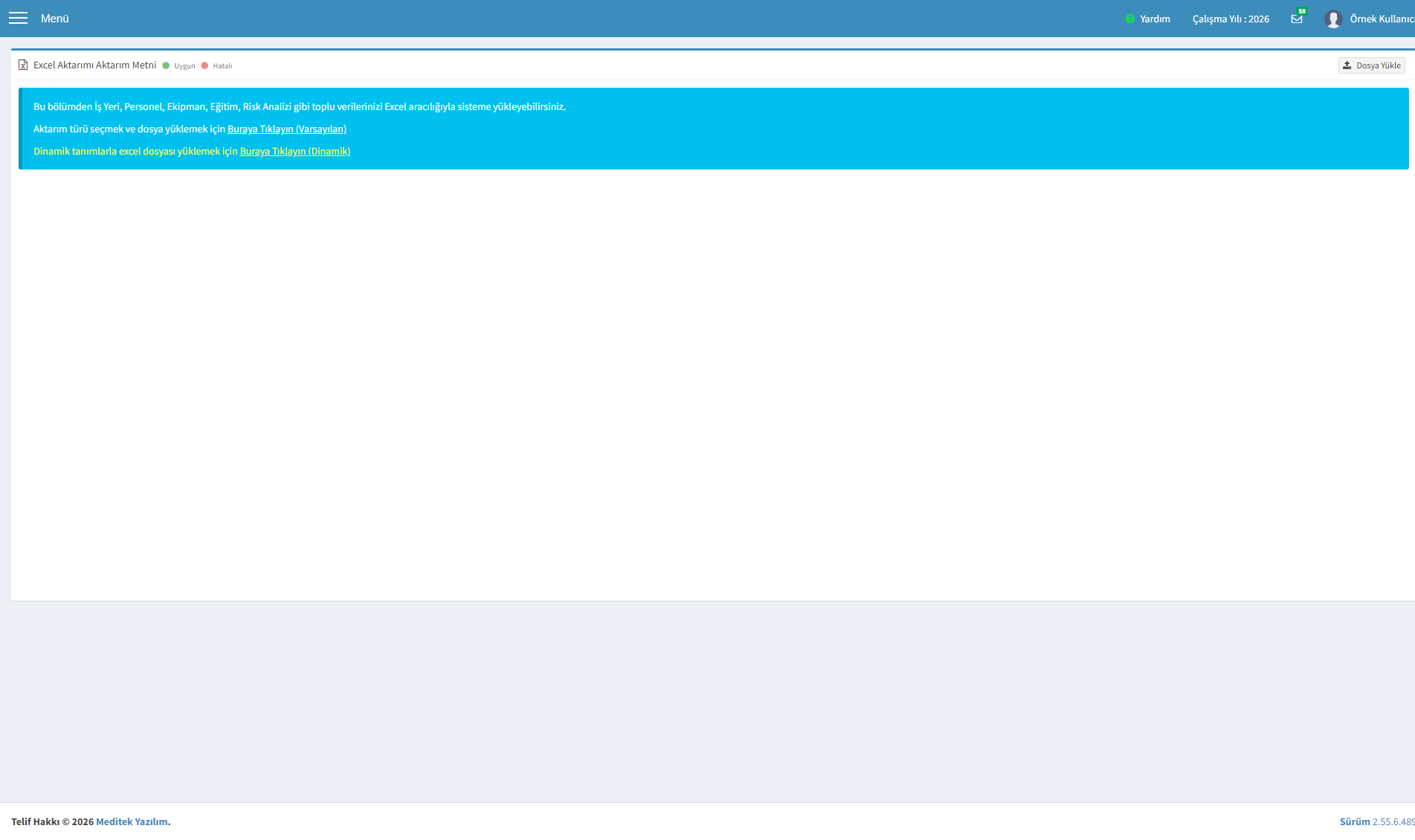 Excel'den Yükle ekranı
