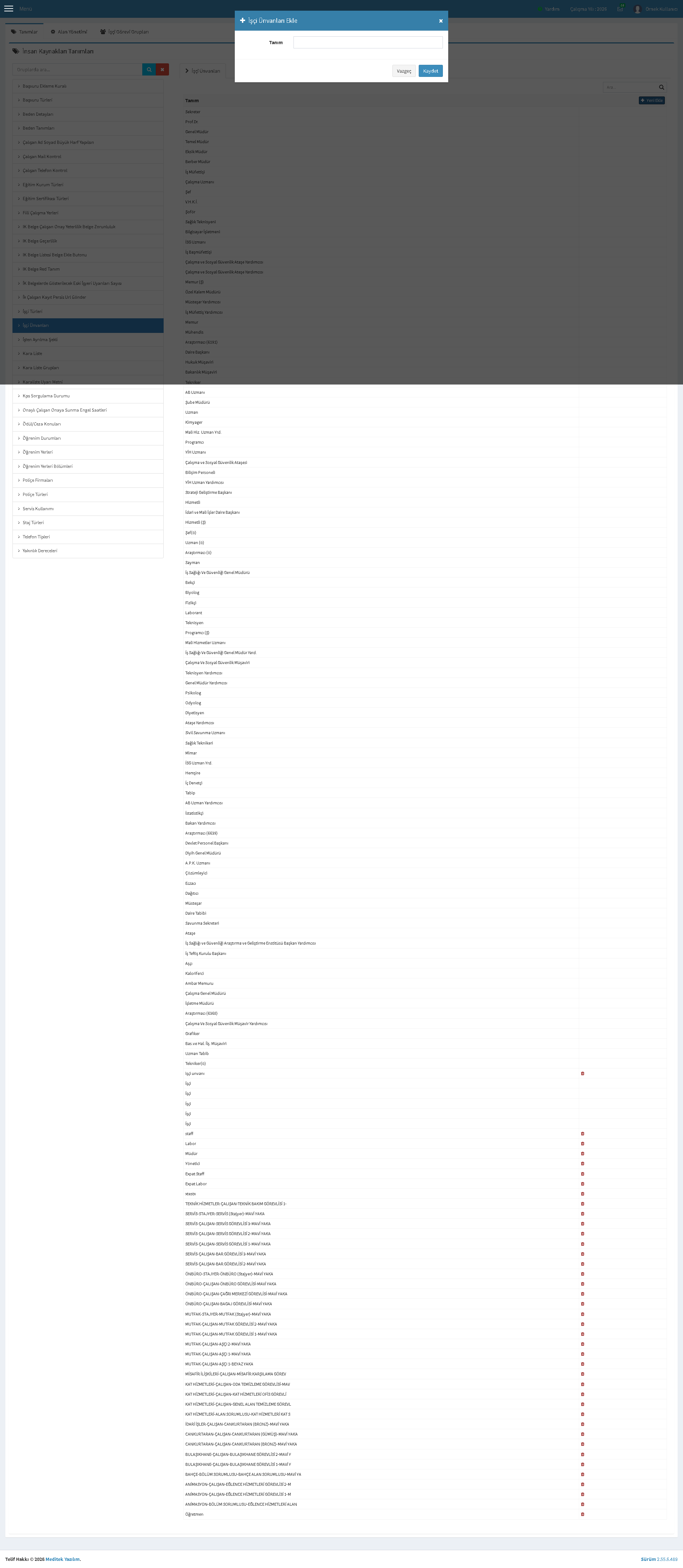 İşçi Ünvanları — liste, Yeni Ekle ve ekleme penceresi