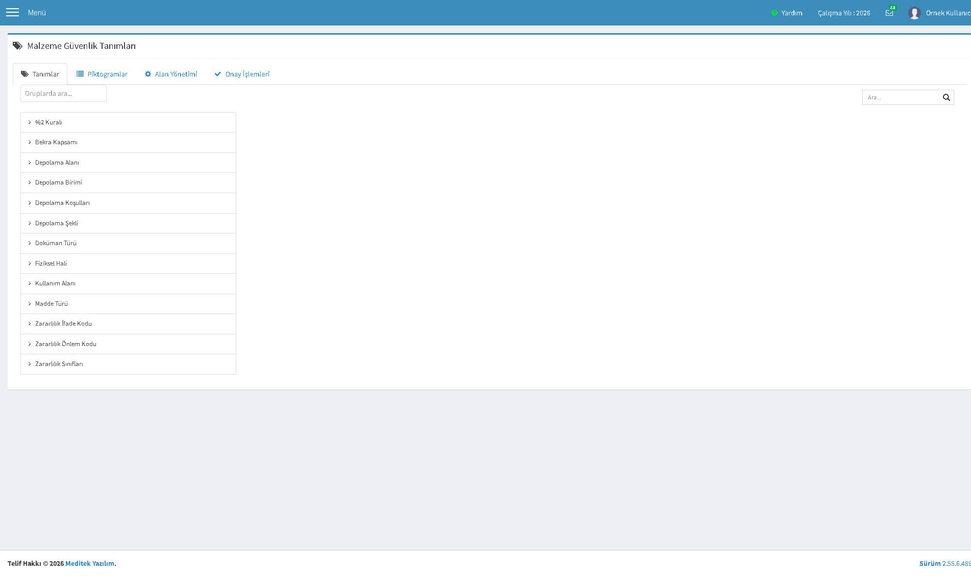 Malzeme Güvenlik Bilgi Formu Tanımları ekranı