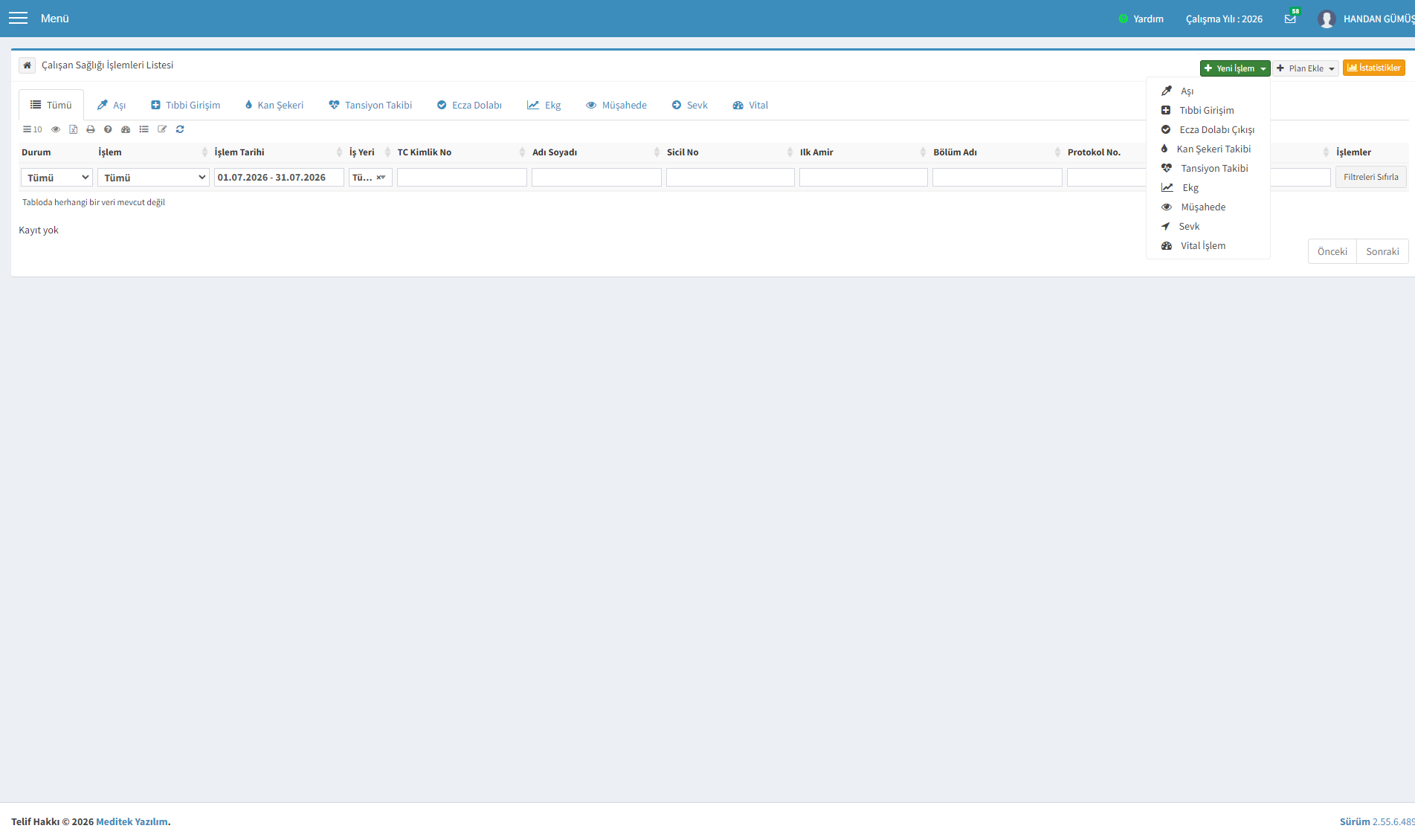 Yeni İşlem dropdown menüsü