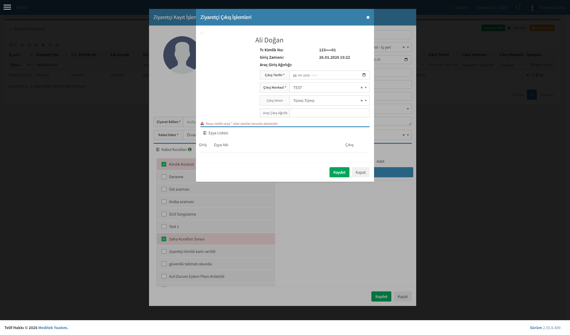 Ziyaretçi Çıkış İşlemleri penceresi